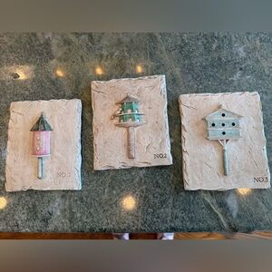 Rustic Birdhouse Wall Plaques Set of 3 Hen-Feathers Garden Cottage Art 5.5” x 5”